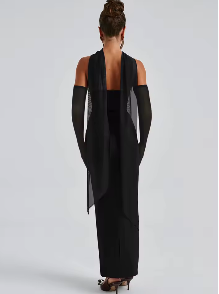 Éline Maxi Dress – Strapless Sculpting Evening Gown mit Schal & Mesh-Handschuhen