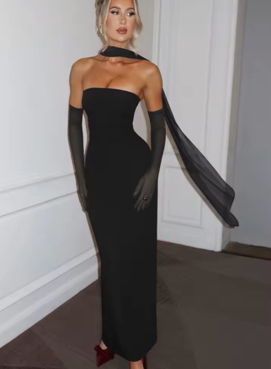 Éline Maxi Dress – Strapless Sculpting Evening Gown mit Schal & Mesh-Handschuhen