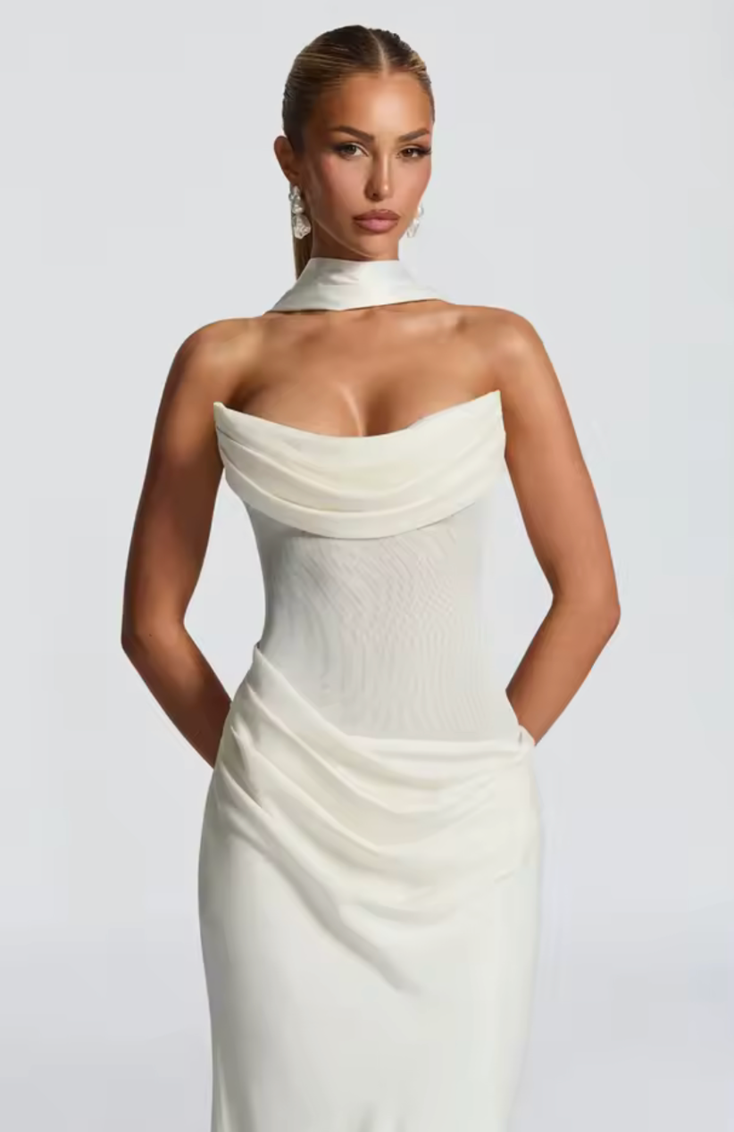Éline Draped Silhouette Maxi Dress – Off-Shoulder Elegance