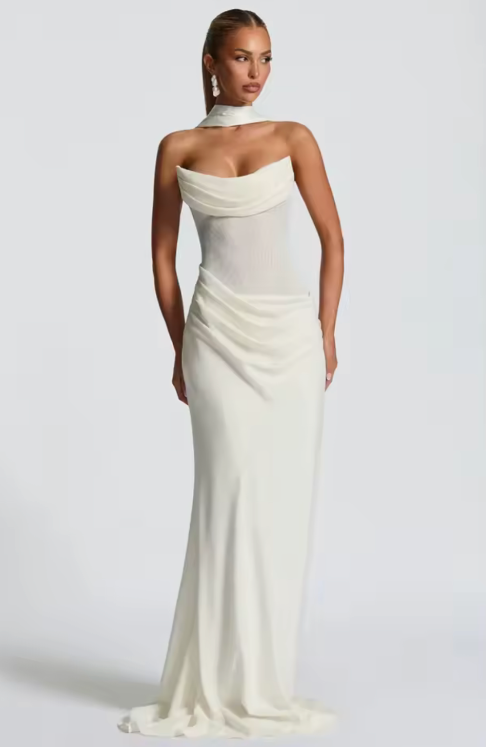 Éline Draped Silhouette Maxi Dress – Off-Shoulder Elegance