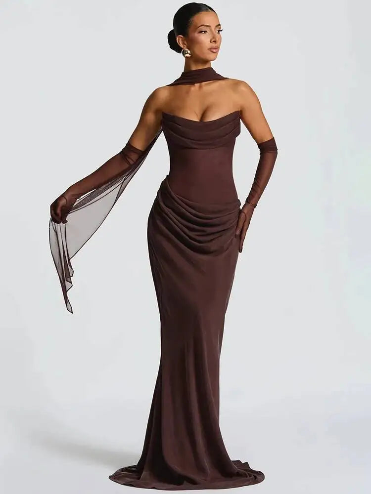 Éline Draped Silhouette Maxi Dress – Off-Shoulder Elegance