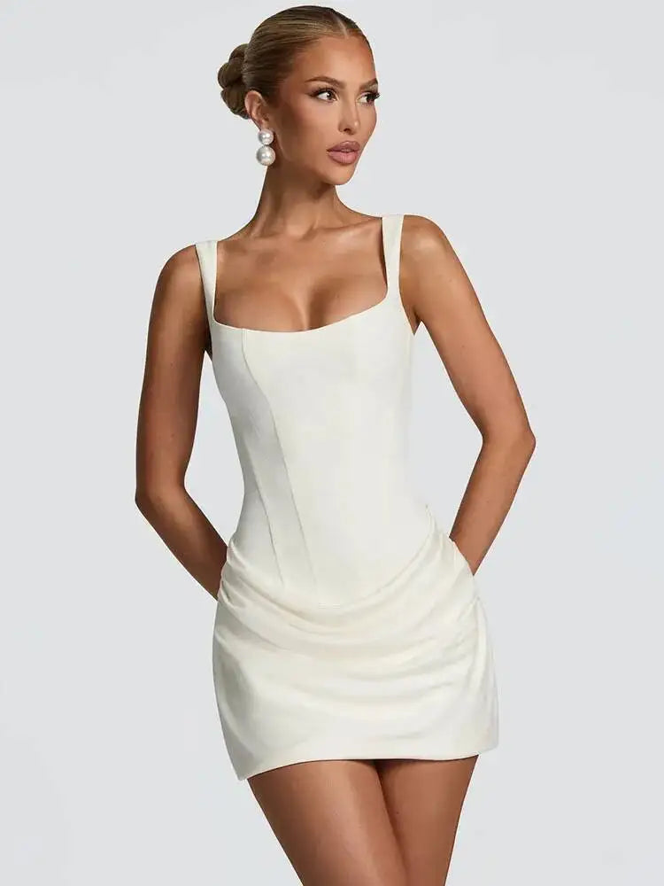Éline Draped Backless Mini Dress – Satin Sculpt Edition