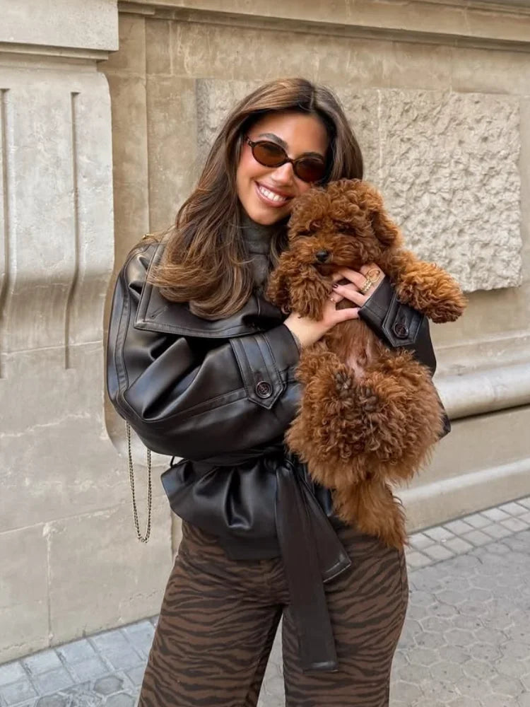 Éline Mocha Gloss Leather Jacket – Chic Belted Silhouette