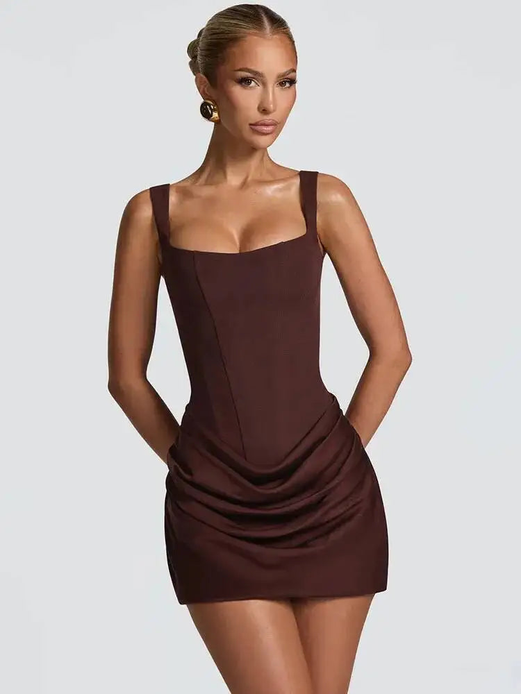 Éline Draped Backless Mini Dress – Satin Sculpt Edition