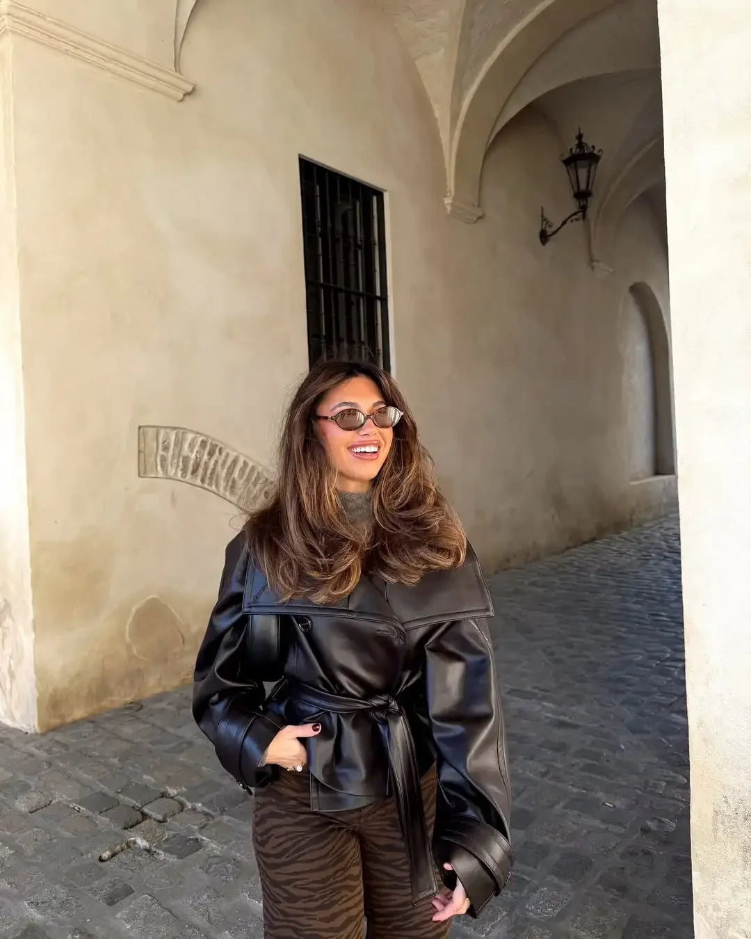 Éline Mocha Gloss Leather Jacket – Chic Belted Silhouette